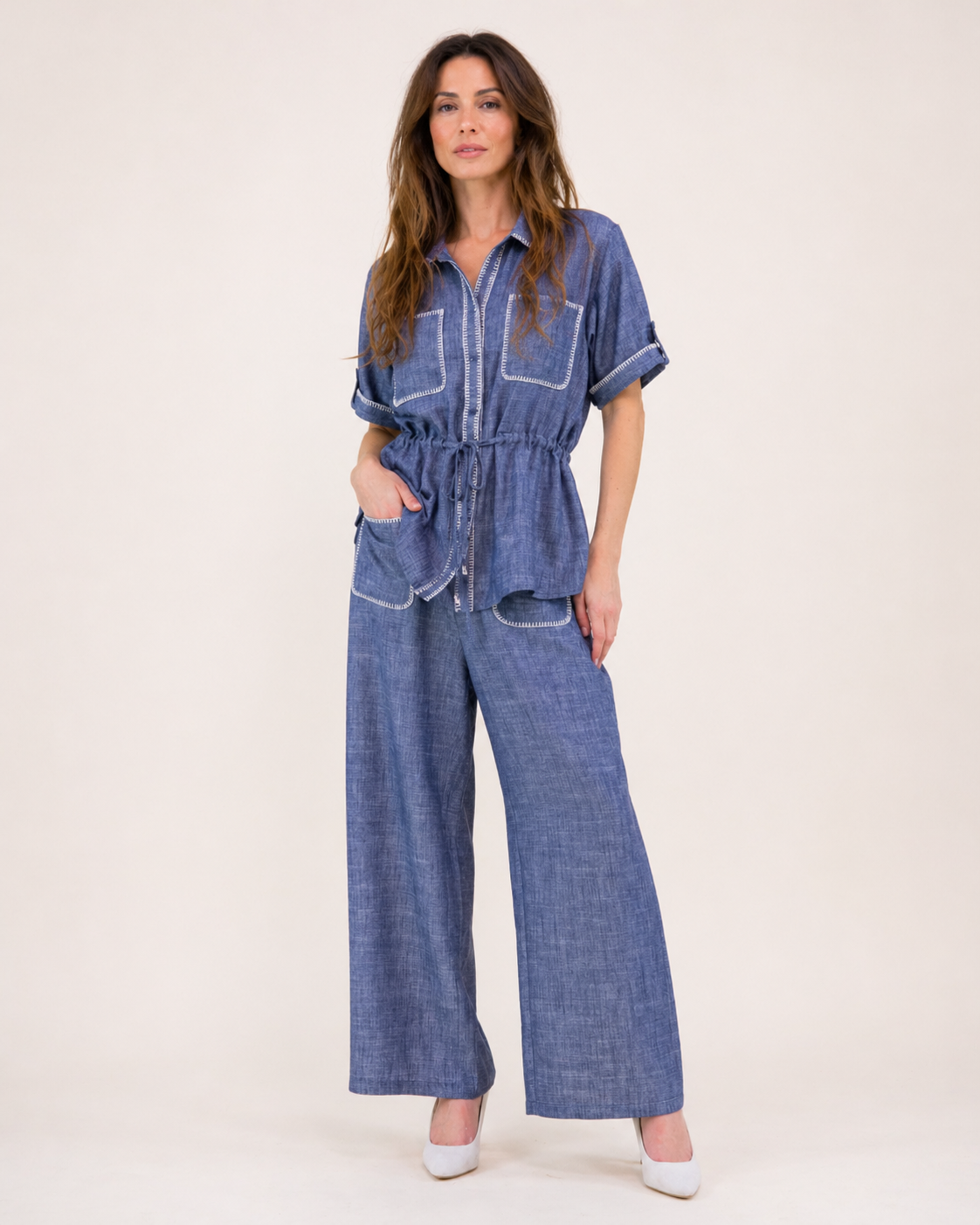 Contrast Stitch Chambray Peplum Shirt