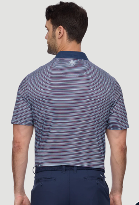back of navy red striped flag and anthem polo shirt