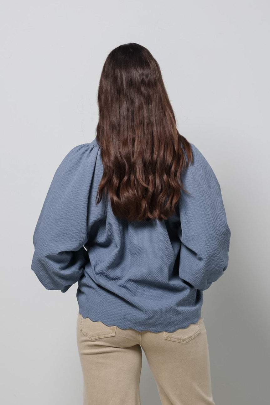 Split V Neck Top with Balloon Sleeves