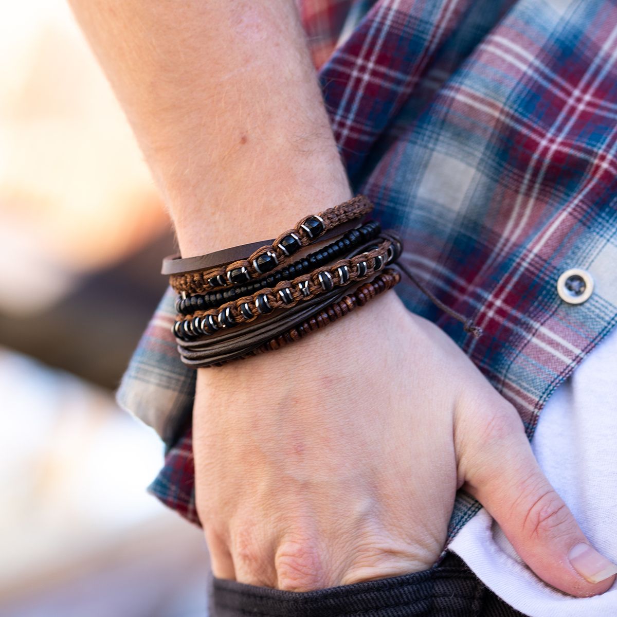 Black/Brown Braided Leather with Metal Beads-Anju-DISTRICT 1