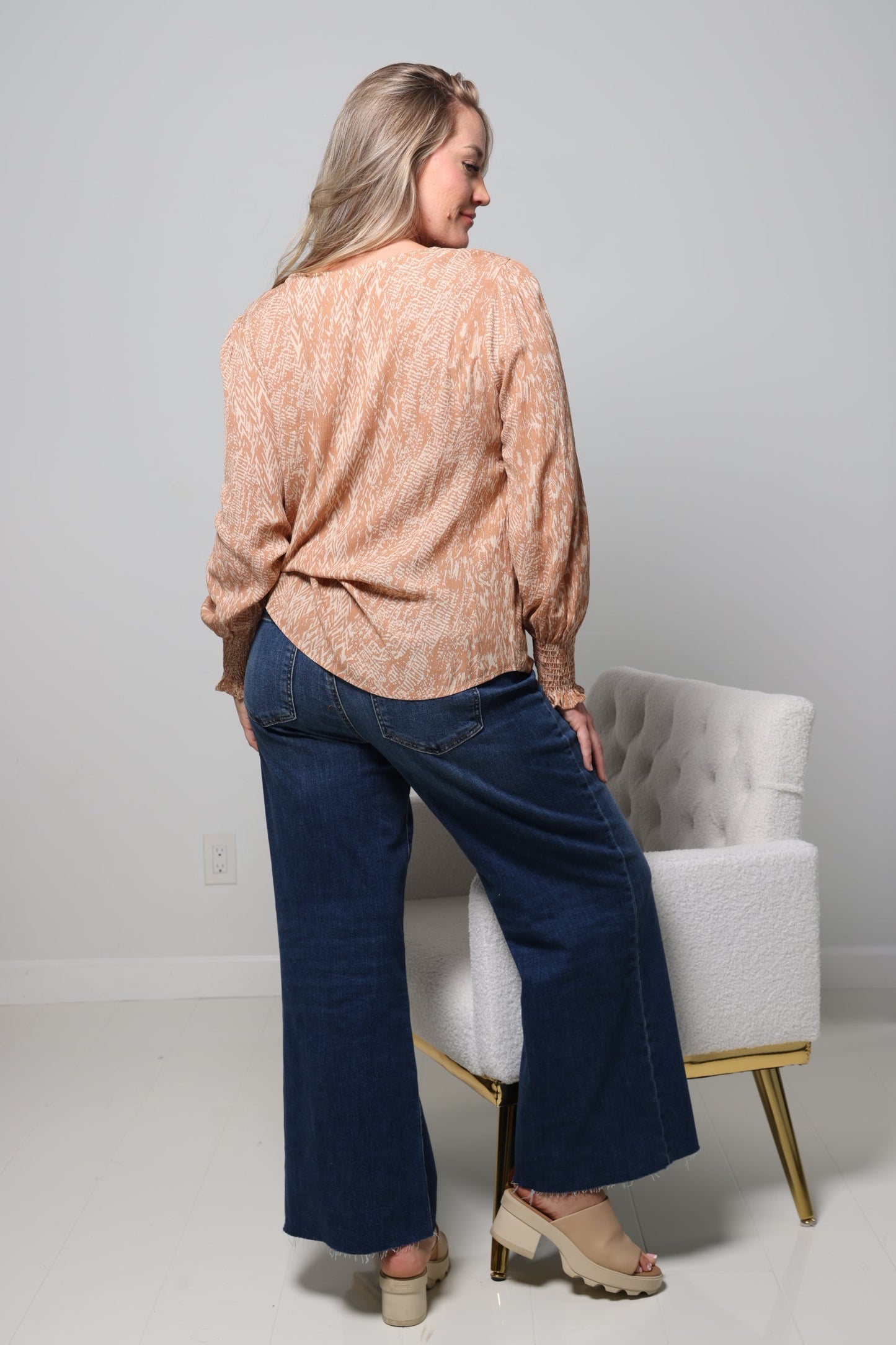 Printed Top with Smocked Sleeves