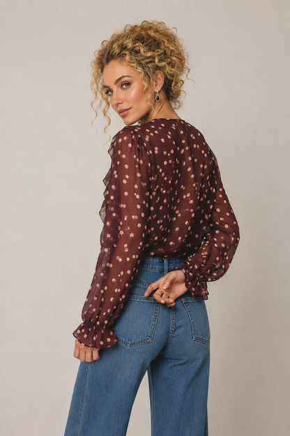 Polka Dot Lace Up Ruffled Blouse