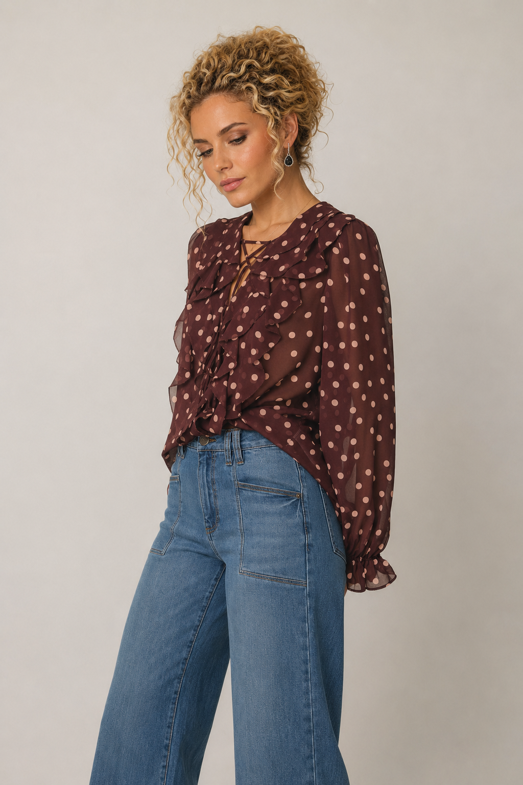 Polka Dot Lace Up Ruffled Blouse