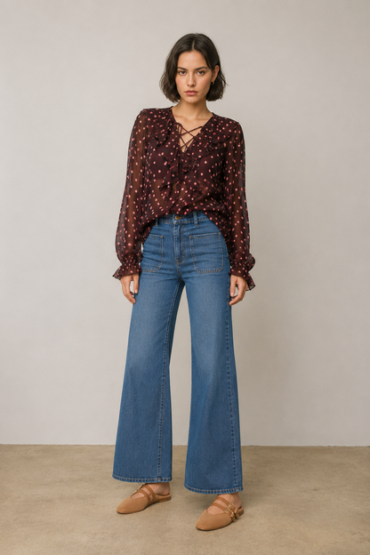Polka Dot Lace Up Ruffled Blouse
