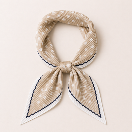 Polka Dot Satin Square Scarf - Pleated Tan