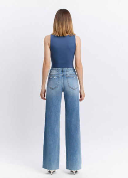 Mid Rise Medium Wash Clean Cut Raw Hem Wide Jeans
