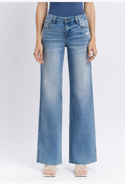 Mid Rise Medium Wash Clean Cut Raw Hem Wide Jeans