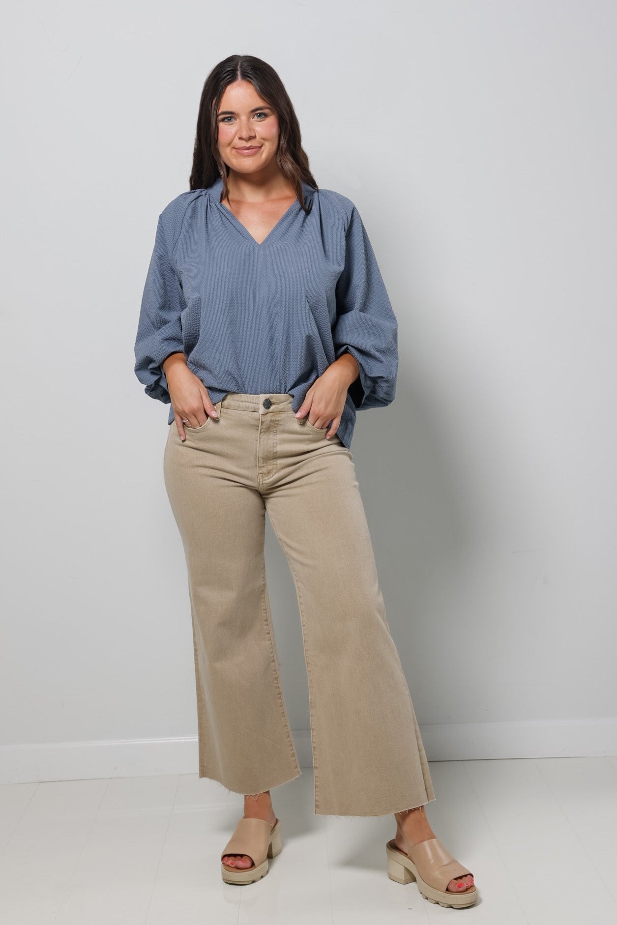 Split V Neck Top with Balloon Sleeves