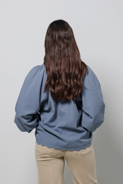 Split V Neck Top with Balloon Sleeves