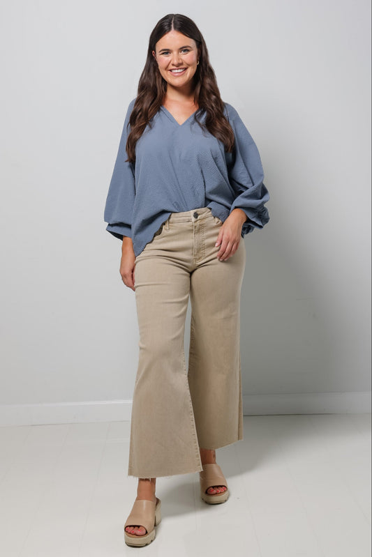 Split V Neck Top with Balloon Sleeves