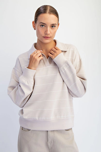 Striped Polo Top - Mocha Cream/Cream