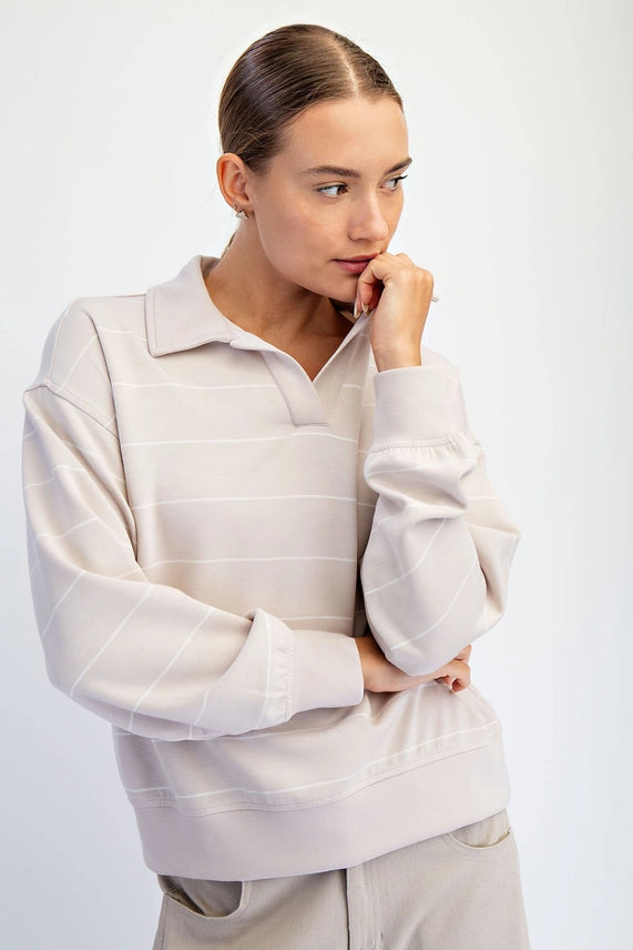 Striped Polo Top - Mocha Cream/Cream
