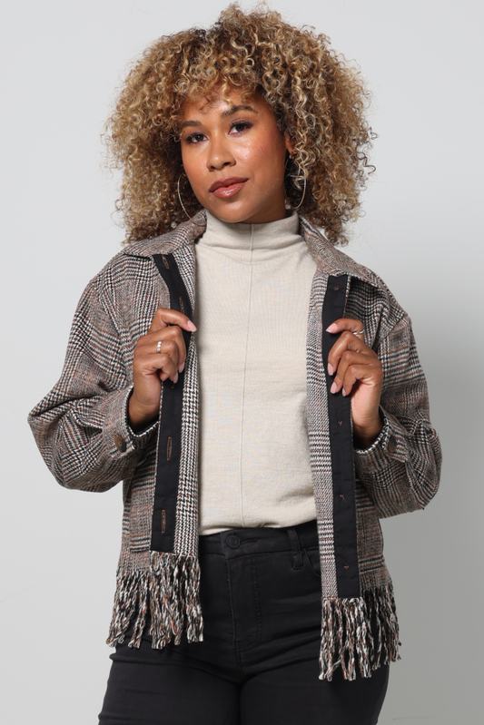 Crop Shacket w/Fringe-Tribal-DISTRICT 1