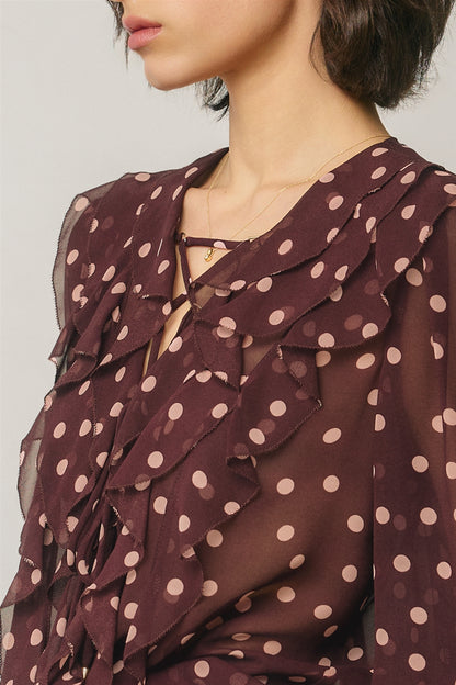 Polka Dot Lace Up Ruffled Blouse